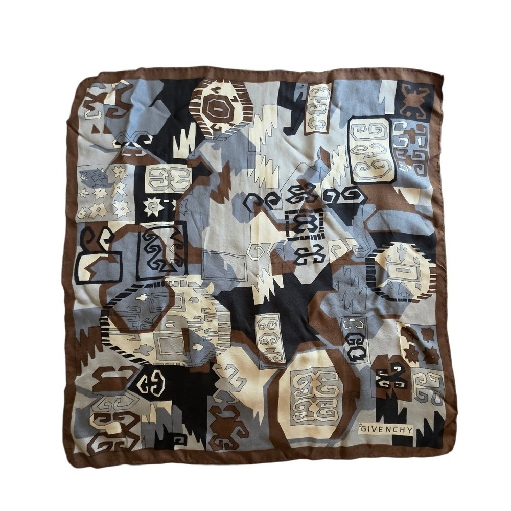 Givenchy VTG Elegant Chic Heritage Logo Geometric Gray Brown Silk Scarf (flaws)